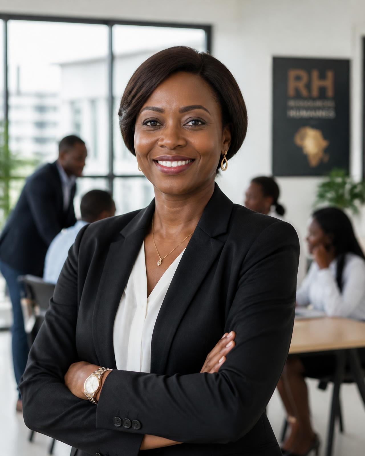 Responsable RH africaine souriante dans un bureau moderne avec son équipe
